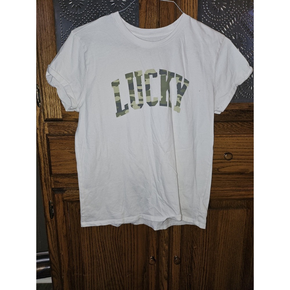 Lucky Brand Ladies Tshirt. White W Camo Letters, Rolled Sleeves